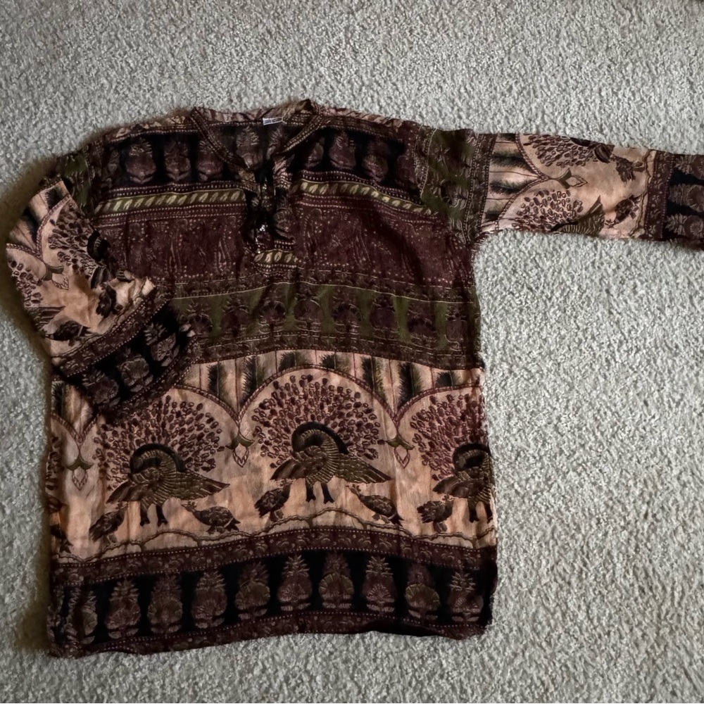 Vintage Indian Boho Peacock Print Tunic Top, Sheer Cotton, Brown Green,